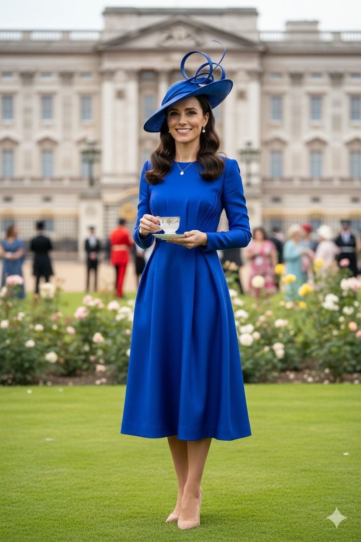 Vestido midi azul rey con sombrero